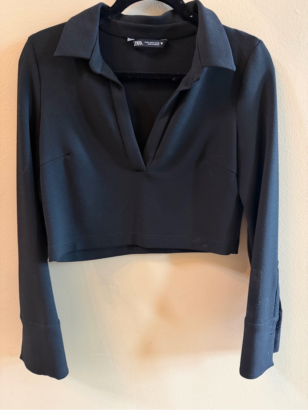Zara Black Cropped Long-Sleeve Polo Shirt